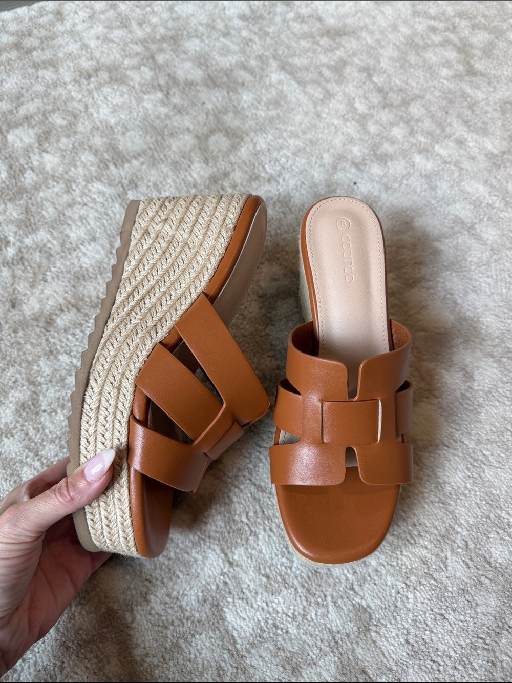 Tan Leather Braided Wedge Slide Sandals - Women's